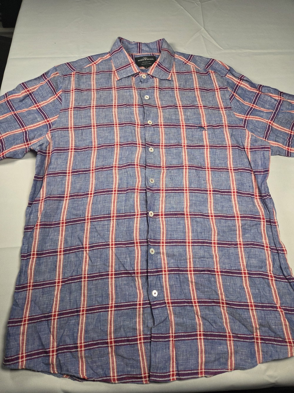 Rodd & Gunn Linen Blue Red Plaid Short-Sleeve Button-Down Shirt